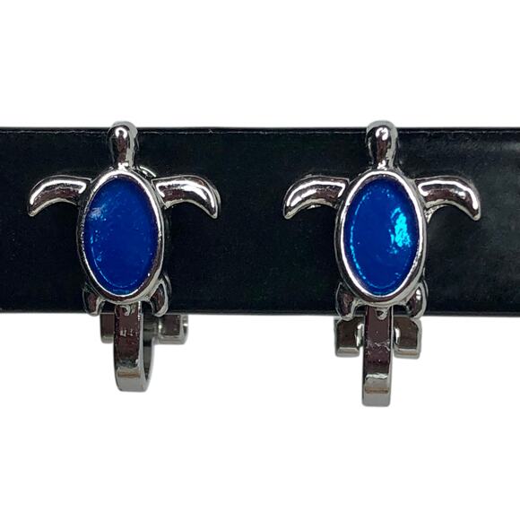 Silver and Blue Turtle Clip-On Stud Earrings - Picture 2 of 3